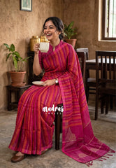 (PRE-BOOKING) Organic linen Orange and pink stripes Rose pallu - Vanibhojan pink saree