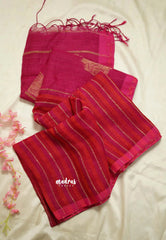 Organic linen Orange and pink stripes Rose pallu - Vanibhojan pink saree - Madras Sarees