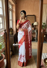 Snow White - Vasundra Printed Silk Saree Leaf Print with Zari Border - Perfect for Small Functions