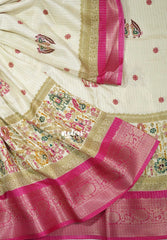 Ivory Beige with Pink - Light weight Vasundra Printed Silk Zari Stripes with Border - Perfect for Small Functions | Casual Wear