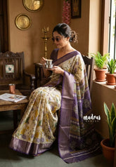 Muted Beige - Light weight Vasundra Printed Silk Zari Stripes with Border - Perfect for Small Functions | Casual Wear
