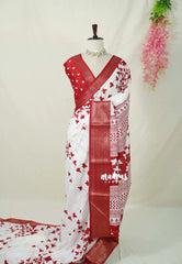 Snow White - Vasundra Printed Silk Saree Leaf Print with Zari Border - Perfect for Small Functions