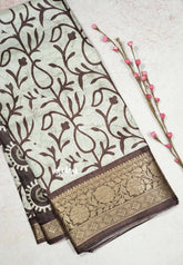 Pastel Grey with Brown Border - Light weight Vasundra printed silk