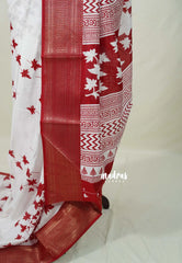 Snow White - Vasundra Printed Silk Saree Leaf Print with Zari Border - Perfect for Small Functions