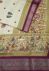 Ivory Beige with Winered - Light weight Vasundra Printed Silk Zari Stripes with Border - Perfect for Small Functions | Casual Wear