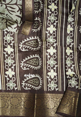 Pastel Grey with Brown Border - Light weight Vasundra printed silk