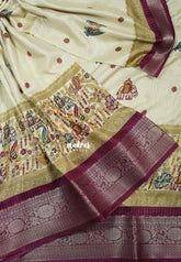 Ivory Beige with Winered - Light weight Vasundra Printed Silk Zari Stripes with Border - Perfect for Small Functions | Casual Wear