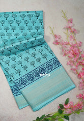 Mild Cyan Blue - Premium Vasundra Printed Silk Zari Border with Tree Prints - Best for Casual Wear