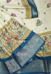 Ivory Beige with Peacock Blue - Light weight Vasundra Printed Silk Zari Stripes with Border - Perfect for Small Functions | Casual Wear