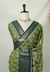 Olive Green - Premium Vasundra Printed Silk with Ikkat Prints and Zari Border - Best for Casual Wear