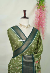 Olive Green - Premium Vasundra Printed Silk with Ikkat Prints and Zari Border - Best for Casual Wear