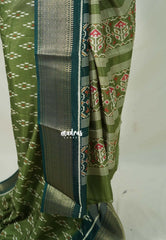 Olive Green - Premium Vasundra Printed Silk with Ikkat Prints and Zari Border - Best for Casual Wear
