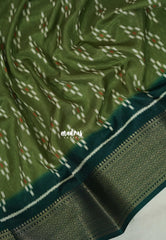 Olive Green - Premium Vasundra Printed Silk with Ikkat Prints and Zari Border - Best for Casual Wear