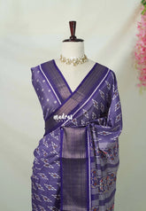 Lavender Purple - Premium Vasundra Printed Silk with Ikkat Prints and Zari Border - Best for Casual Wear