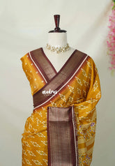 Mustard Yellow - Premium Vasundra Printed Silk with Ikkat Prints and Zari Border - Best for Casual Wear
