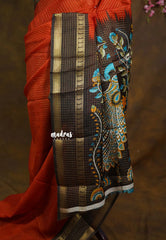 Rust Orange with brown - Premium Vasundra Printed Silk Checks body with Kalamkari Pallu and Blouse - Best for Small Functions | Casual wear