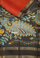 Rust Orange with brown - Premium Vasundra Printed Silk Checks body with Kalamkari Pallu and Blouse - Best for Small Functions | Casual wear