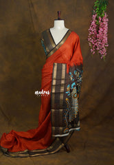 Rust Orange with brown - Premium Vasundra Printed Silk Checks body with Kalamkari Pallu and Blouse - Best for Small Functions | Casual wear