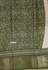 Ivory with Oilve Green - Light weight Vasundra printed silk with ajrakh pallu and blouse