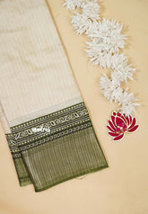 Ivory with Oilve Green - Light weight Vasundra printed silk with ajrakh pallu and blouse