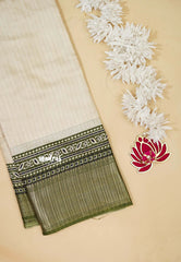Ivory with Oilve Green - Light weight Vasundra printed silk with ajrakh pallu and blouse