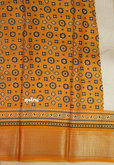 Ivory with Mustard Yellow - Light weight Vasundra printed silk with ajrakh pallu and blouse