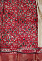 Ivory with Maroon Red - Light weight Vasundra printed silk with ajrakh pallu and blouse
