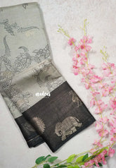 Taupe Grey - Light weight Vasundra Printed Silk with Vairaoosi Zari Weaving Border - Perfect for casual wear | Office Wear