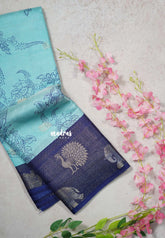 Turquoise Blue Mist - Light weight Vasundra Printed Silk with Vairaoosi Zari Weaving Border - Perfect for casual wear | Office Wear