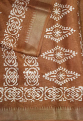Sand Brown - Light weight Vasundra Printed Silk with Kantha Stich Weaving with Zari Border - Best for Small Functions