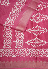 Dark Rose Pink - Light weight Vasundra Printed Silk with Kantha Stich Weaving with Zari Border - Best for Small Functions