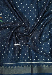 Dark Blue - Light weight Vasundra Printed Silk with Kantha Stich Weaving with Zari Border - Best for Small Functions