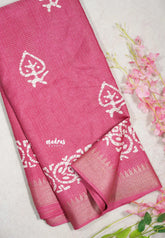 Dark Rose Pink - Light weight Vasundra Printed Silk with Kantha Stich Weaving with Zari Border - Best for Small Functions