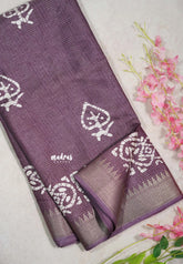 Muted Mauve Purple - Light weight Vasundra Printed Silk with Kantha Stich Weaving with Zari Border - Best for Small Functions