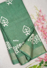 Seafoam Green - Light weight Vasundra Printed Silk with Kantha Stich Weaving with Zari Border - Best for Small Functions