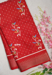 Spicy Red - Light weight Vasundra Printed Silk with Kantha Stich Weaving with Zari Border - Best for Small Functions