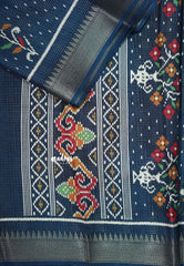 Dark Blue - Light weight Vasundra Printed Silk with Kantha Stich Weaving with Zari Border - Best for Small Functions