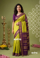 Lime green with purple - Vintage Gadwal silk cotton with contrast pallu - Best for Wedding Functions
