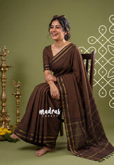 Dark Chocolate Brown - Vintage Gadwal silk cotton with Muthu kattam check body Traditional Border - Best for Temple Visit