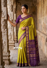 Soft Lime green with purple-D2 - Vintage Gadwal silk cotton with contrast pallu - Best for Wedding Functions