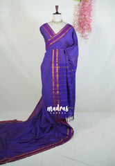 MS Amma Blue - Vintage Gadwal Silkcotton Purple Border - Best for Pooja Functions | Casual Wear