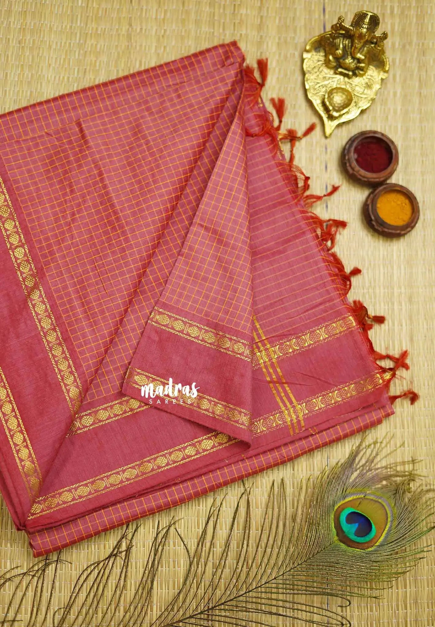 Vintage Gadwal silkcotton English Flamingo pink - Madras Sarees