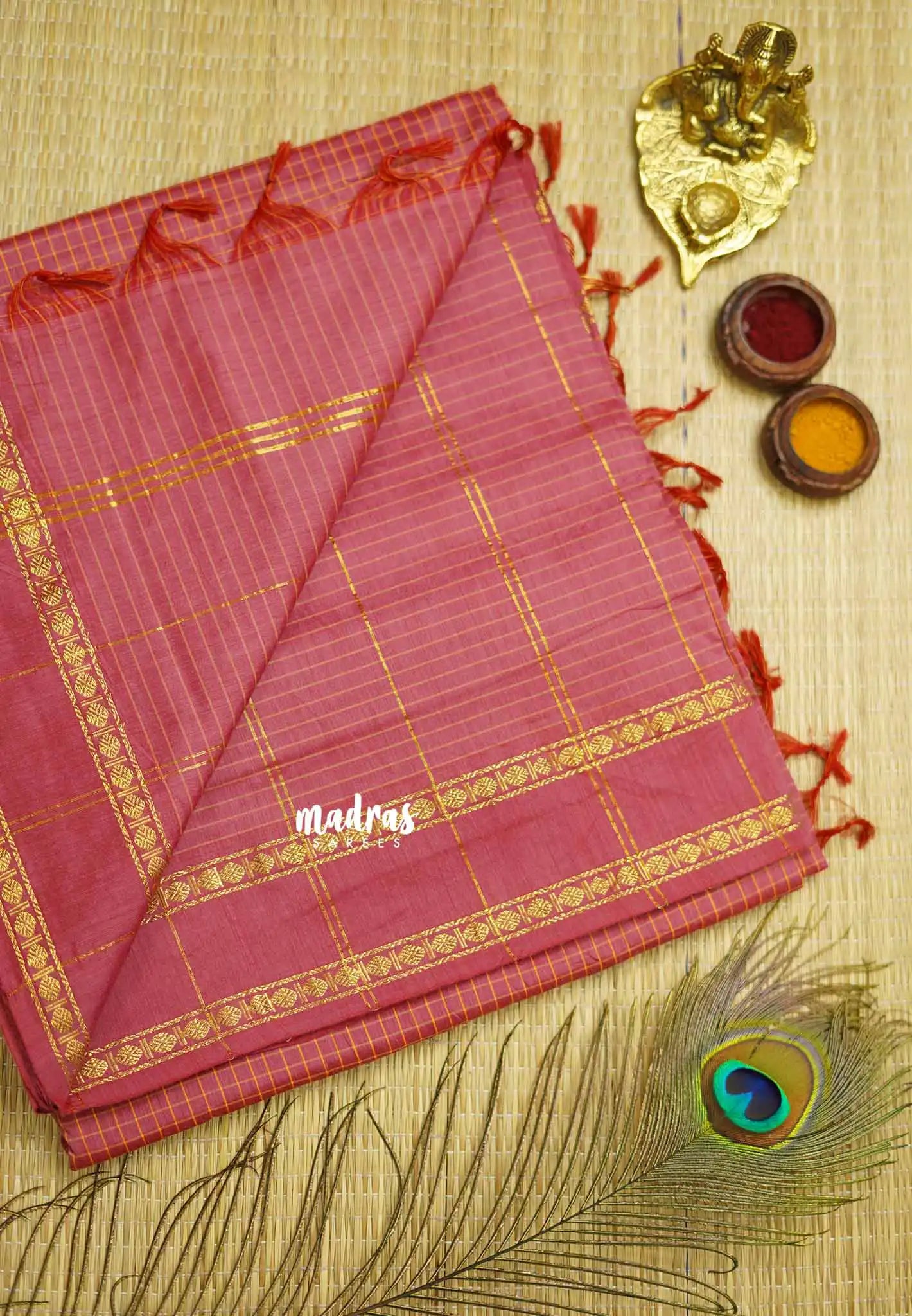 Vintage Gadwal silkcotton English Flamingo pink - Madras Sarees