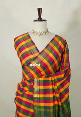 Multicolor with Zari Border - Vintage Gadwal Semi Silk Cotton Paalum Pazhamum Kattam with Mango Border- Perfect for Small Functions