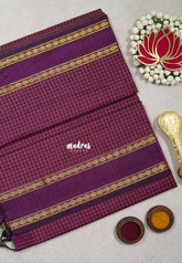 Magenta Purple - Vintage Gadwal silk cotton with Muthu kattam check body Traditional Border - best for temple visit