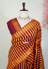 Orange with Maroon - Vintage Gadwal Silk Cotton with Muthu Kattam Stripes Body Peacock Border - Best for Temple Visit