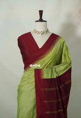 Pastel Lime Green with Maroon - Vintage Gadwal Silk Cotton with Temple Border - Best for Small Functions