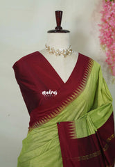 Pastel Lime Green with Maroon - Vintage Gadwal Silk Cotton with Temple Border - Best for Small Functions