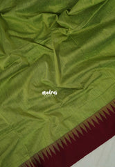 Pastel Lime Green with Maroon - Vintage Gadwal Silk Cotton with Temple Border - Best for Small Functions