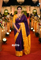Plum Purple with Yellow - Viscose Georgette Saree with Rettapetta Border - Best for Functions Wear